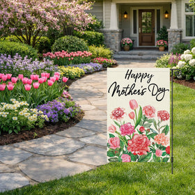 Heyfibro garden flag close-up shows pink carnations, tulips, and roses with high-resolution print