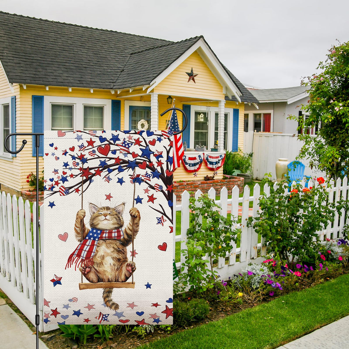 Heyfibro heart USA flag design adds festive charm to outdoors.
