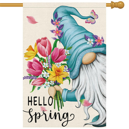Heyfibro Hello Spring garden flag with two-layer burlap viewed on a sunlit porch