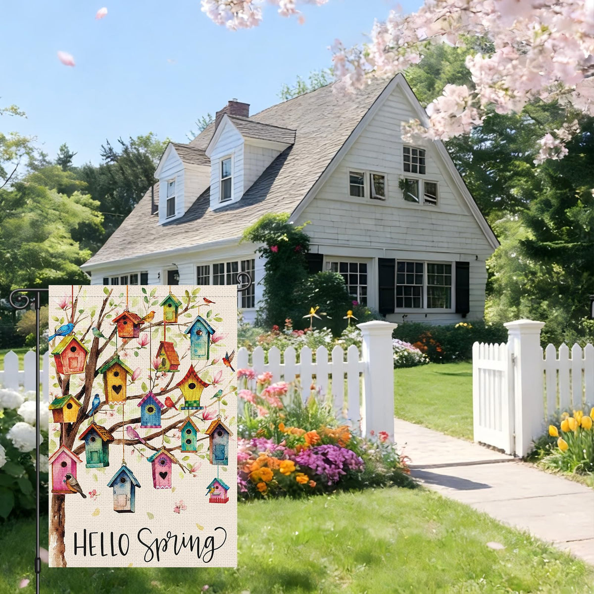Heyfibro Hello Spring garden flag on porch display for seasonal charm