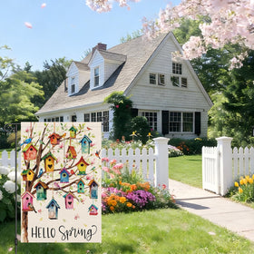 Heyfibro Hello Spring garden flag on porch display for seasonal charm