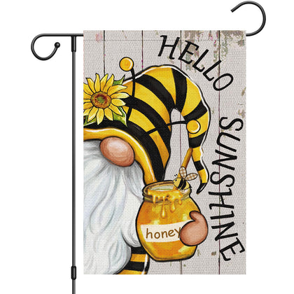 Heyfibro Hello Sunshine garden flag with gnome and sunflowers for outdoor decor.