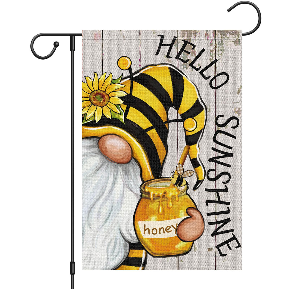 Heyfibro Hello Sunshine garden flag with gnome and sunflowers for outdoor decor.