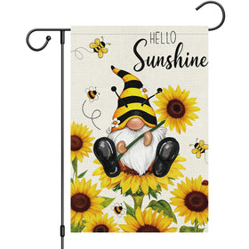 Heyfibro Hello Sunshine gnome flag with sunflowers brightening outdoor spaces