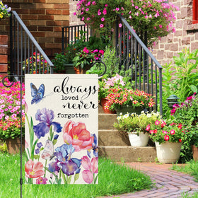 Heyfibro memorial flag close-up showing butterfly and iris details for garden decor.