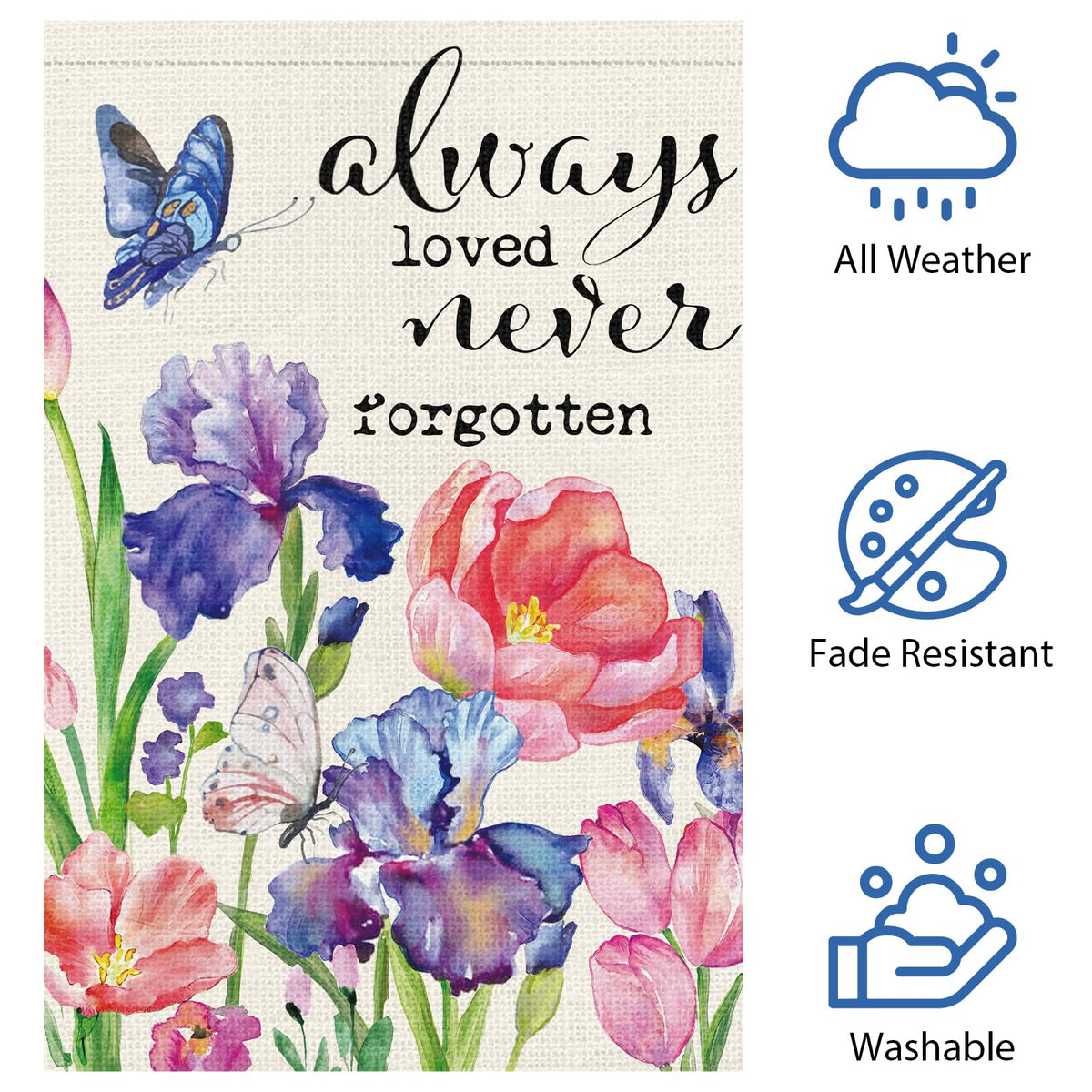 Heyfibro memorial flag displayed in an outdoor garden for seasonal color.