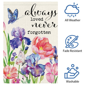 Heyfibro memorial flag displayed in an outdoor garden for seasonal color.