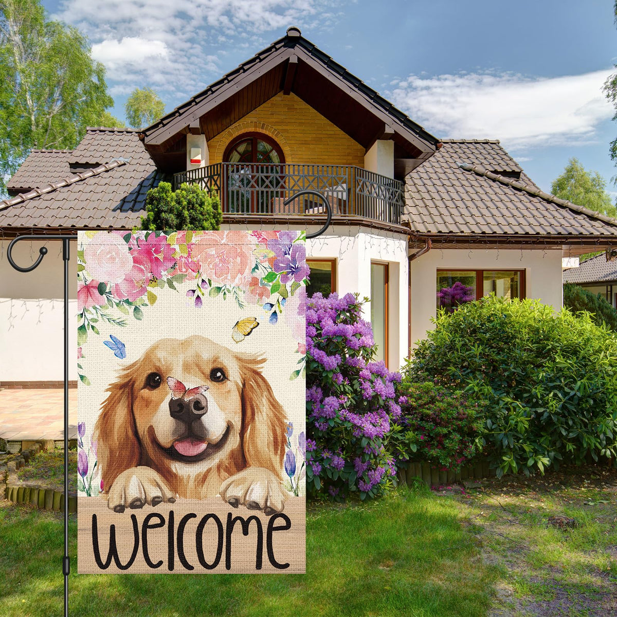Heyfibro garden flag enhances seasonal outdoor decor with cheerful design.