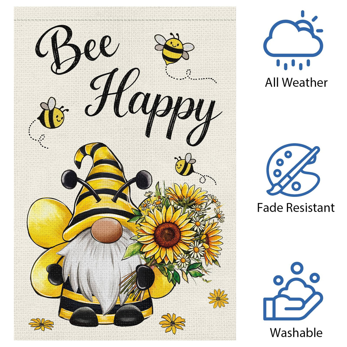 Heyfibro Bee Happy Gnome Flag outdoor hanging, adding a bright summer vibe.