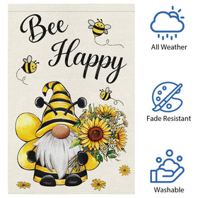 Heyfibro Bee Happy Gnome Flag outdoor hanging, adding a bright summer vibe.