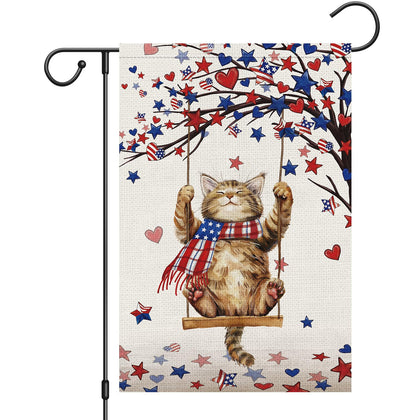 Heyfibro patriotic cat flag front view with rustic burlap texture and vibrant colors.