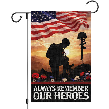 Heyfibro memorial flag with a soldier silhouette and American flag design, ideal for outdoor patriotic displays.