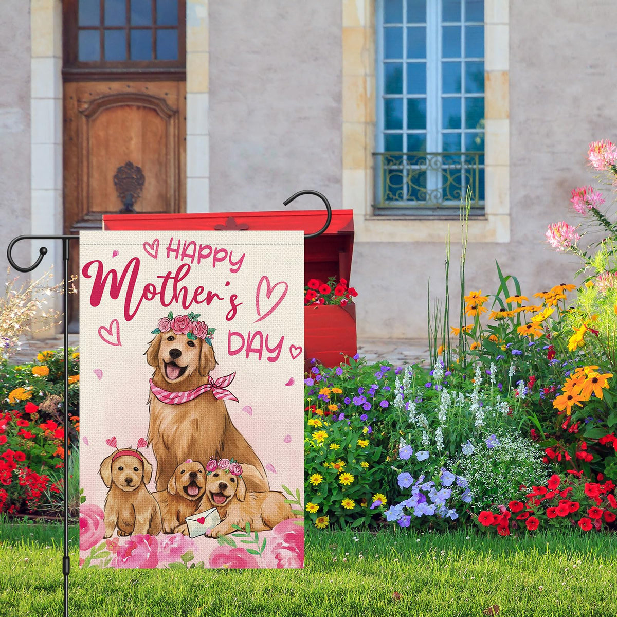 Heyfibro flag with rose and dog design adds festive garden charm outdoors.