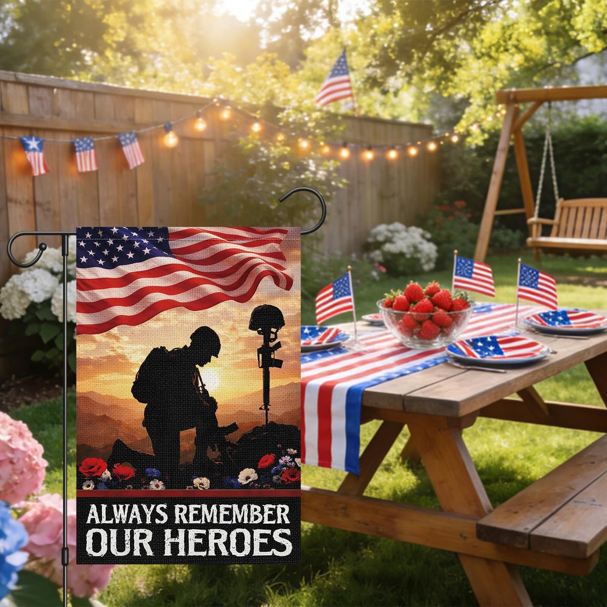 Heyfibro Always Remember Our Heroes flag shows from both sides for versatile outdoor display.
