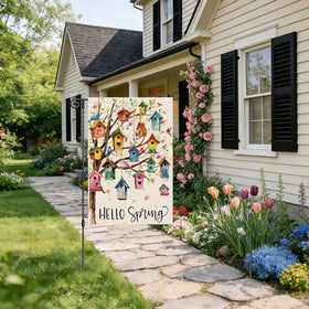 Heyfibro spring birdhouse floral flag close-up on whimsical tree design
