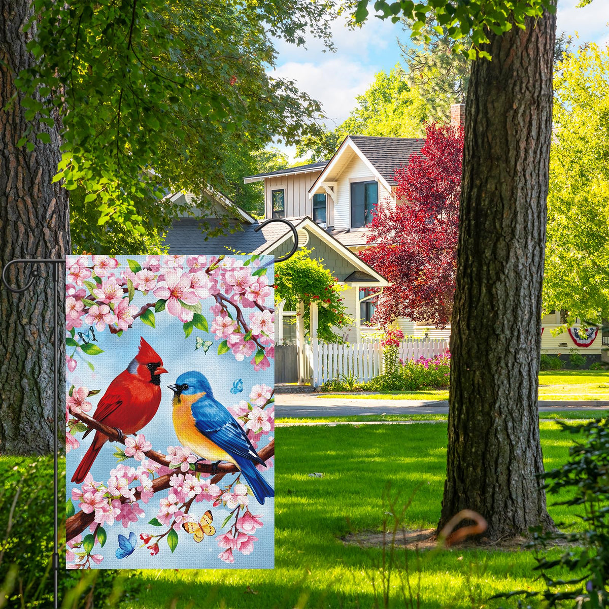 Heyfibro bluebird on blossoms flag offers double sided visibility for lawn display