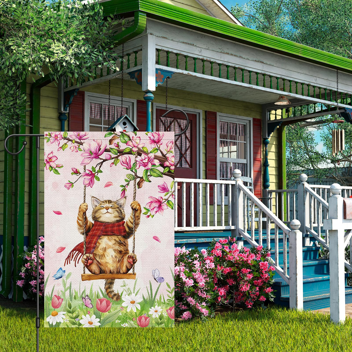 Heyfibro spring garden flag brightens porches, lawns with playful blooms.
