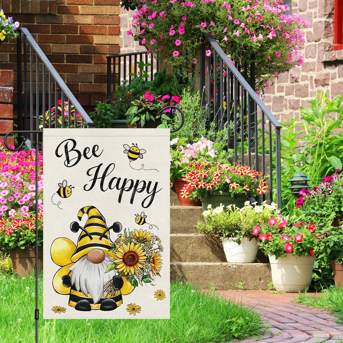 Heyfibro Bee Happy Gnome Flag sunflowers detail for vibrant garden charm.