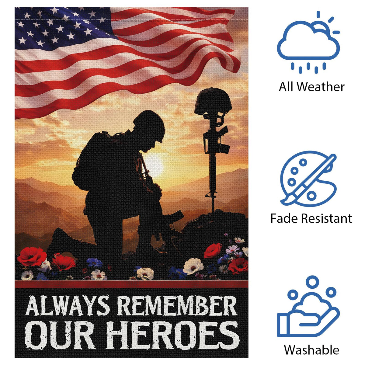 Heyfibro kneeling soldier silhouette with sunset sky honors fallen heroes outdoors.
