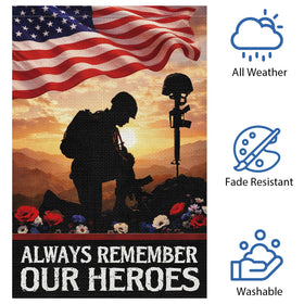 Heyfibro kneeling soldier silhouette with sunset sky honors fallen heroes outdoors.