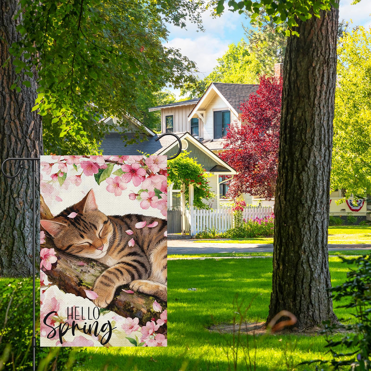 Heyfibro tabby cat on branch with cherry blossoms flag for garden charm