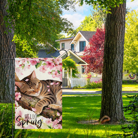 Heyfibro tabby cat on branch with cherry blossoms flag for garden charm