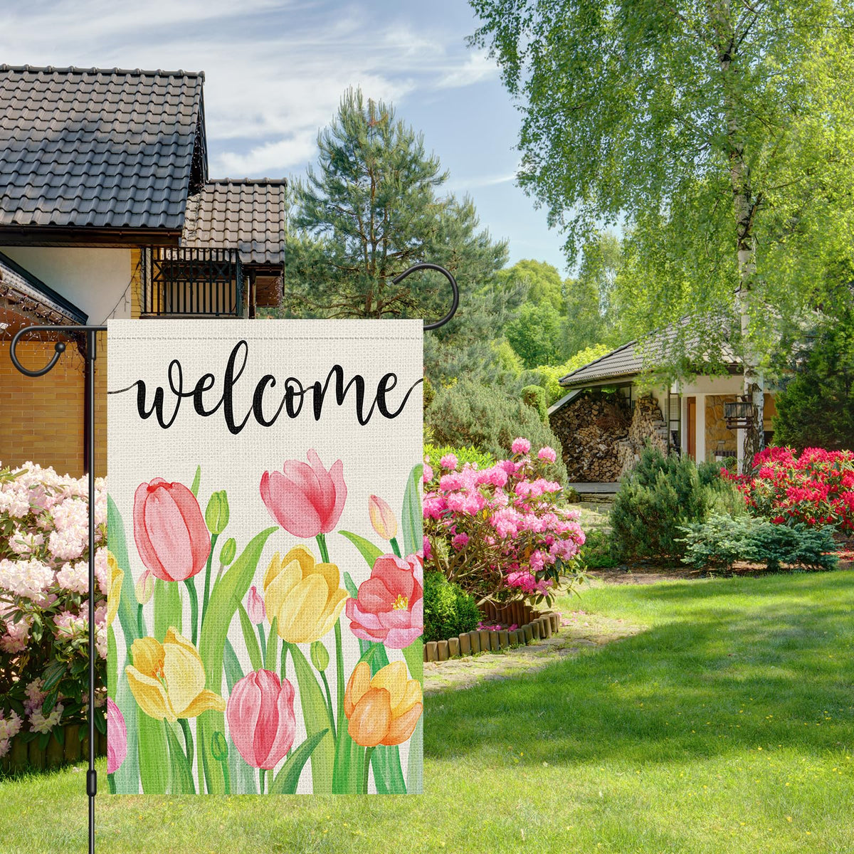 Heyfibro tulip garden flag close-up texture highlights durable fabric