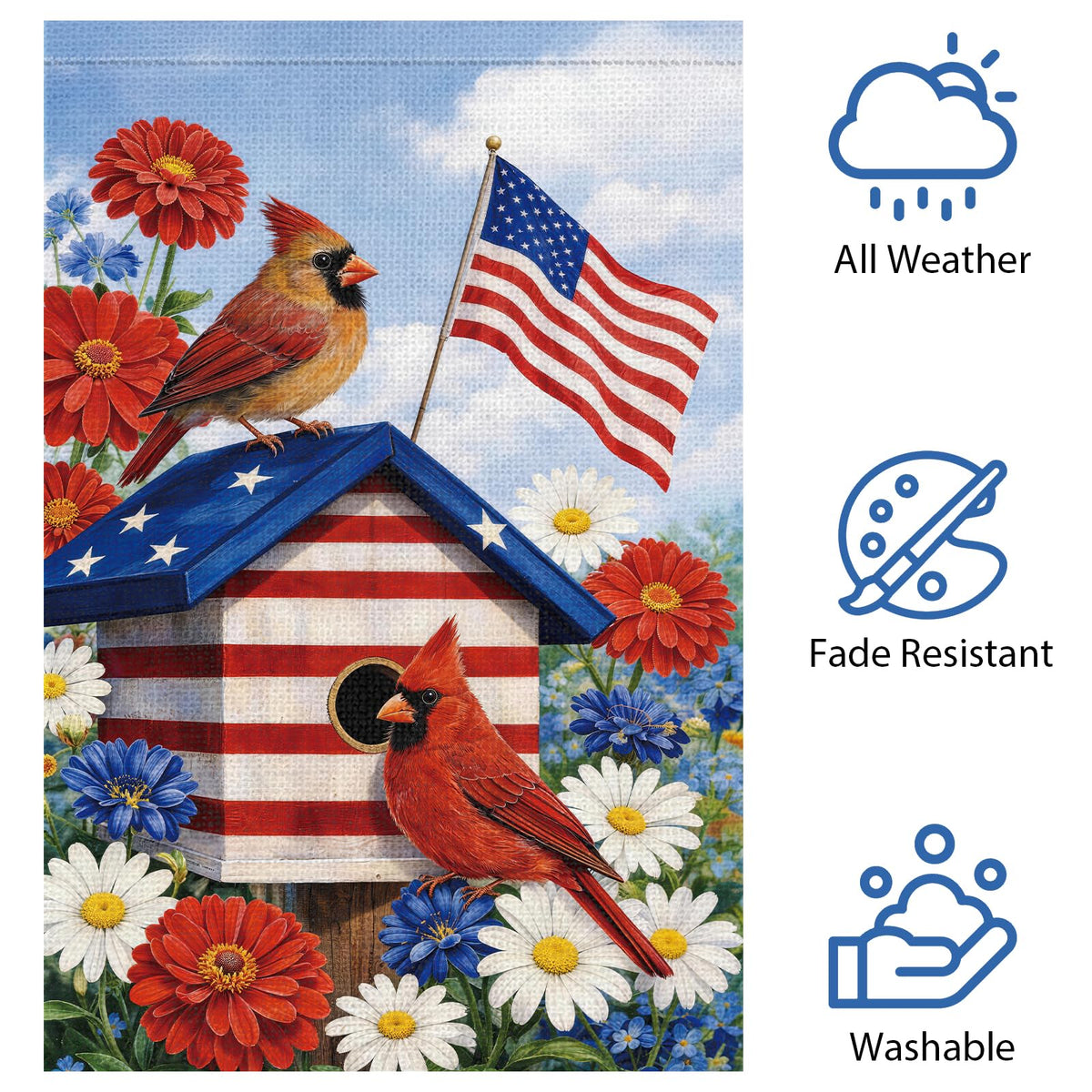 Heyfibro flag with US flag backdrop for festive outdoor display.