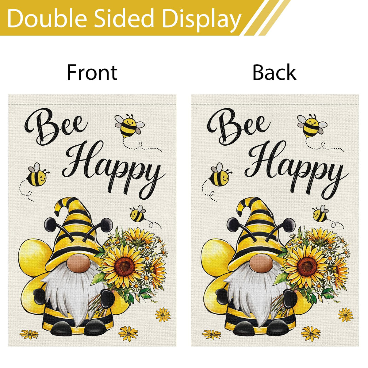 Heyfibro Bee Happy Gnome Flag weather-resistant polyester for outdoor use.