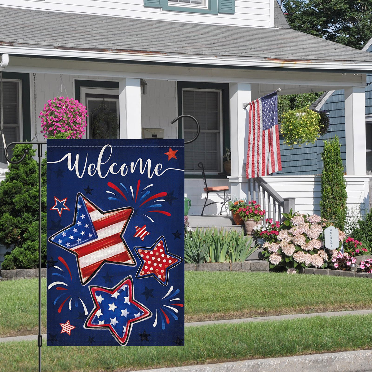 Heyfibro Welcome 4th of July garden flag back view, text readable from both sides.