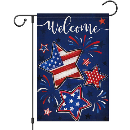 Heyfibro Welcome 4th of July garden flag front view, sturdy burlap texture for outdoor display.