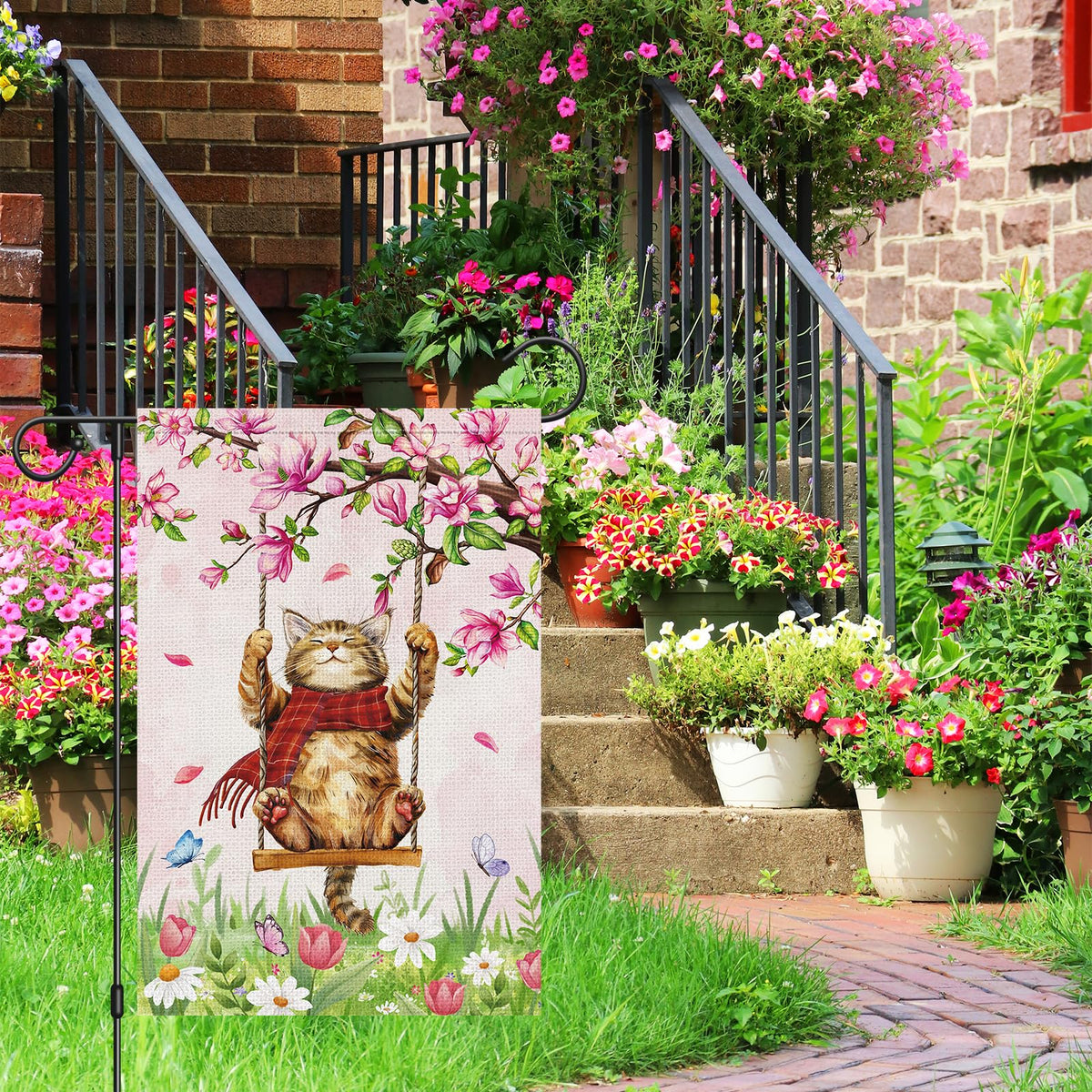 Heyfibro Welcome Garden Flag featuring a cat design for a friendly entry.