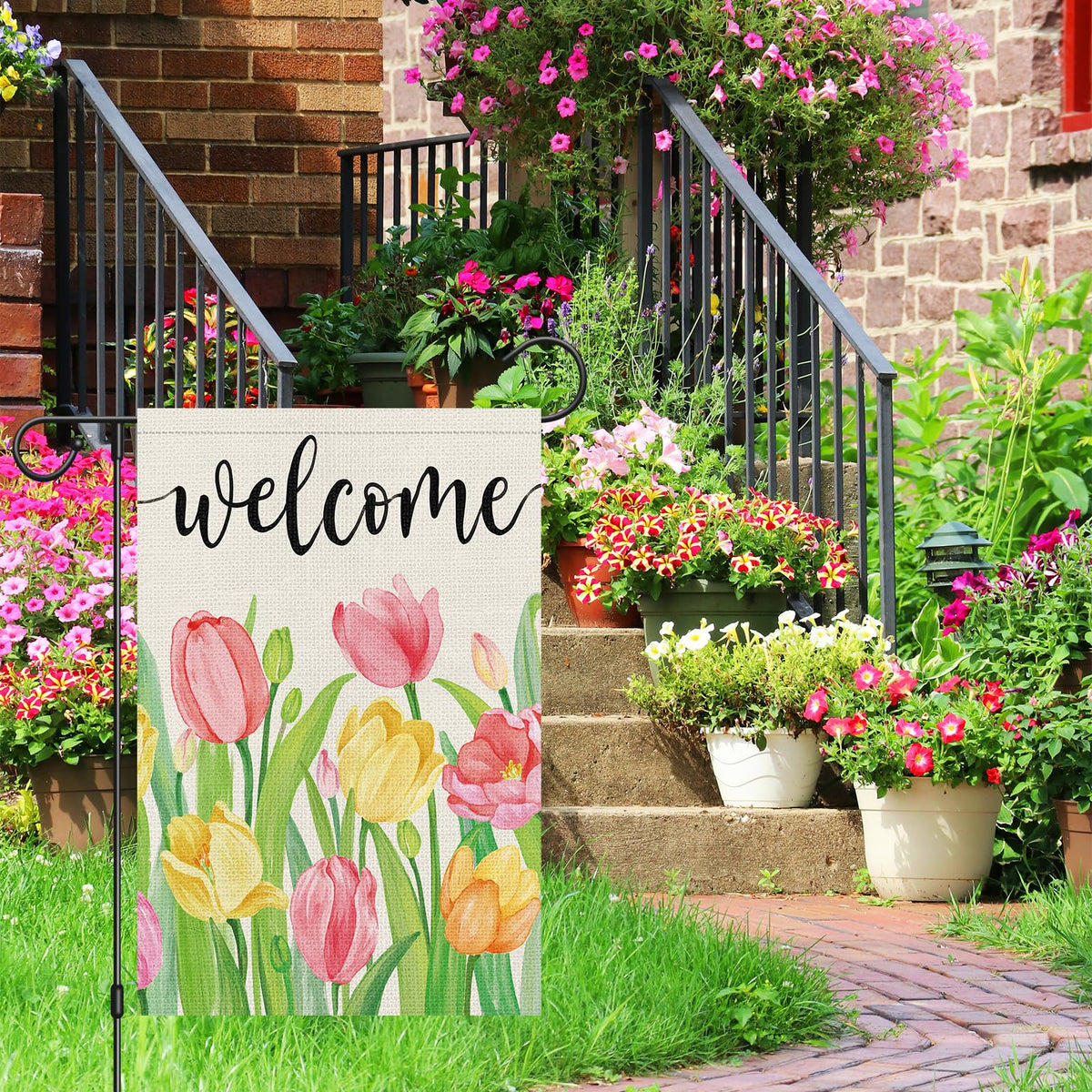 Heyfibro Welcome Spring tulip flag back view with readable text
