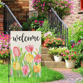 Heyfibro Welcome Spring tulip flag back view with readable text