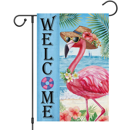 Heyfibro Welcome Summer flag features a vibrant flamingo, ideal for garden outdoor decor.