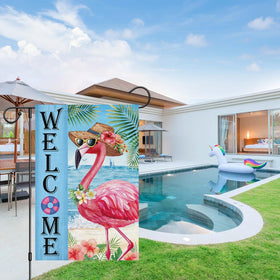 Heyfibro Welcome Summer flag shows tropical palms and flowers for festive yard scenes.