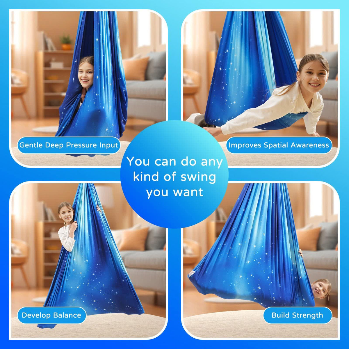 Heyfriday sensory swing 360-degree swivel hanger enables varied movement and play.