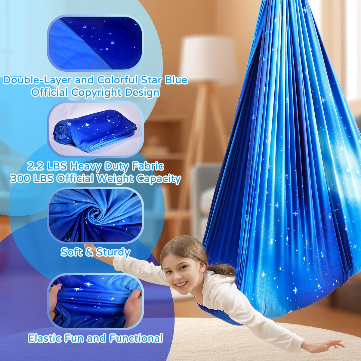 Heyfriday sensory swing indoor-outdoor installation shows flexible hanging options for spaces.