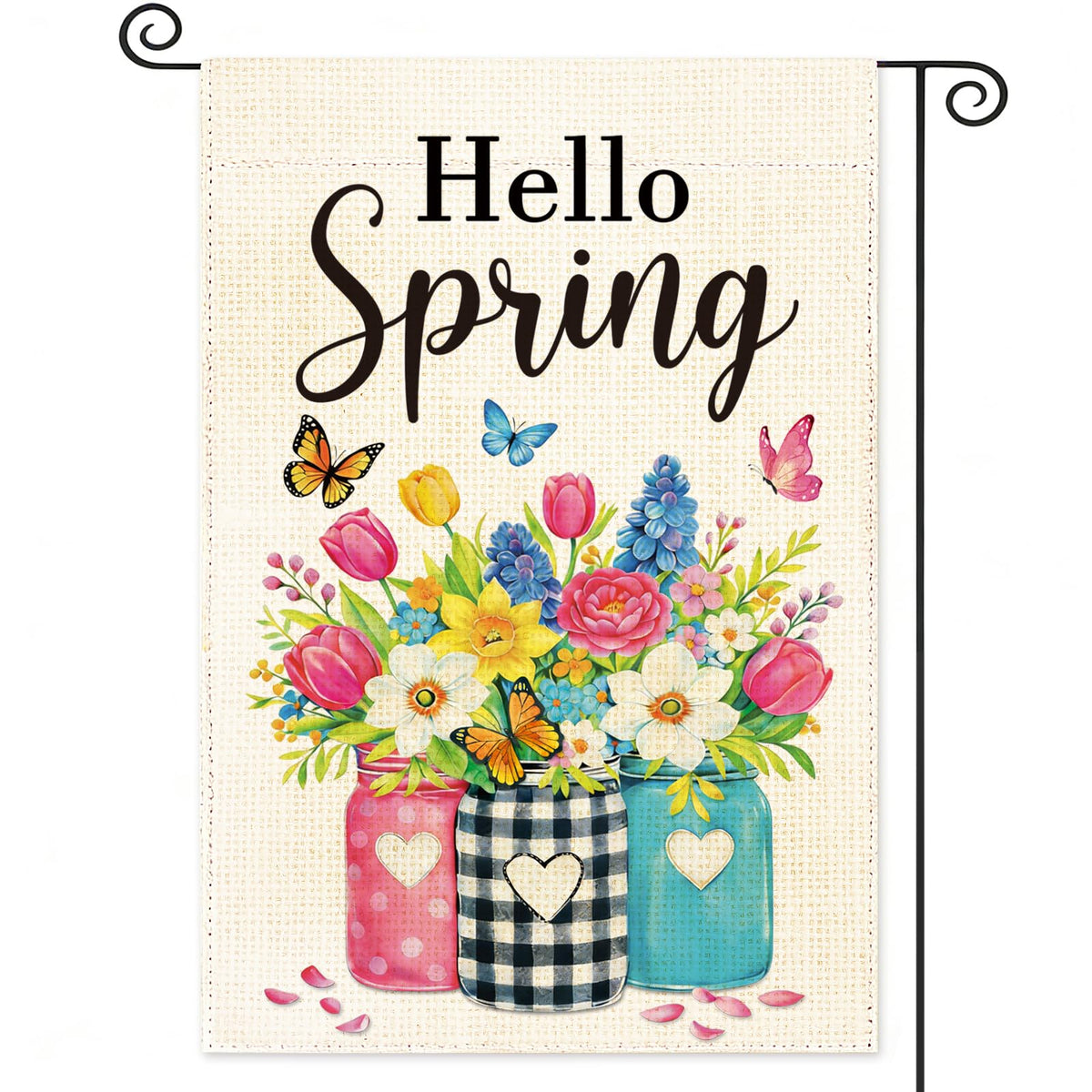 HEYINSHEN Hello Spring garden flag dual-sided mason jar design enhances curb appeal outdoors