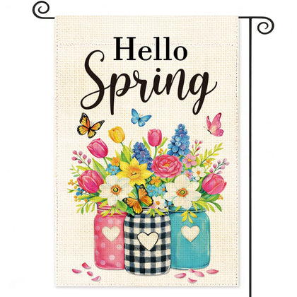 HEYINSHEN Hello Spring garden flag dual-sided mason jar design enhances curb appeal outdoors