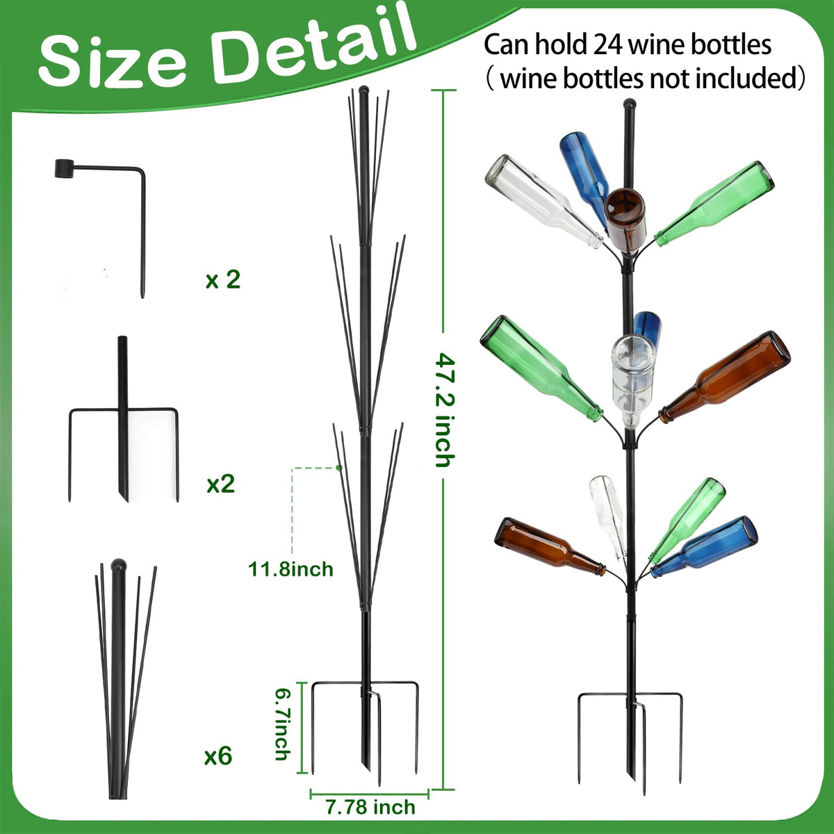 HEYTIMI metal bottle tree shows reinforced ground stake for secure outdoor installation