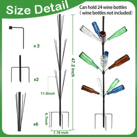 HEYTIMI metal bottle tree shows reinforced ground stake for secure outdoor installation