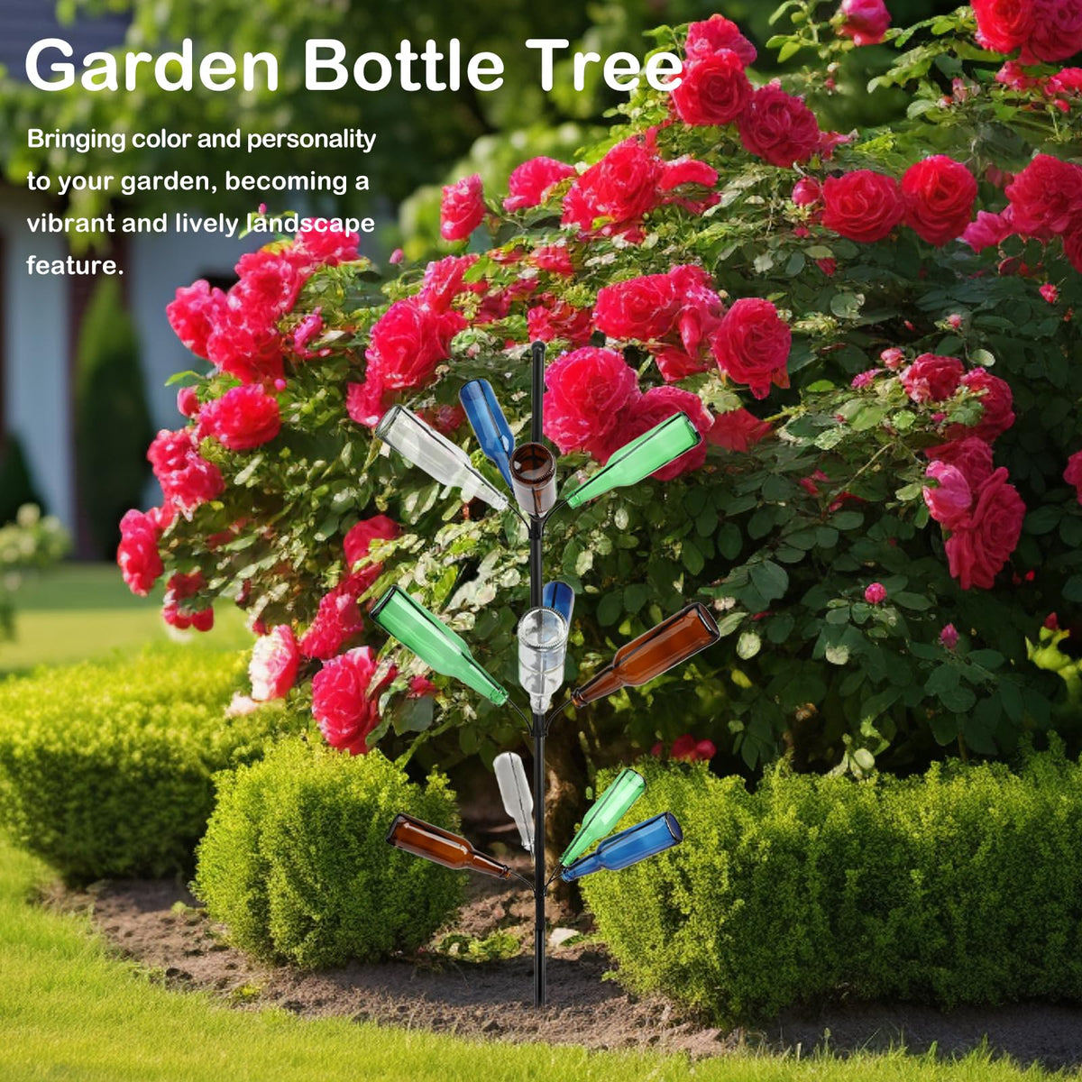 HEYTIMI waterproof bottle tree resists weather, serving as yard art