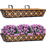 HFHOME 2 Pcs 30-Inch Deck Railing Planter Boxes with Coconut Liners – Black Metal Hanging Baskets