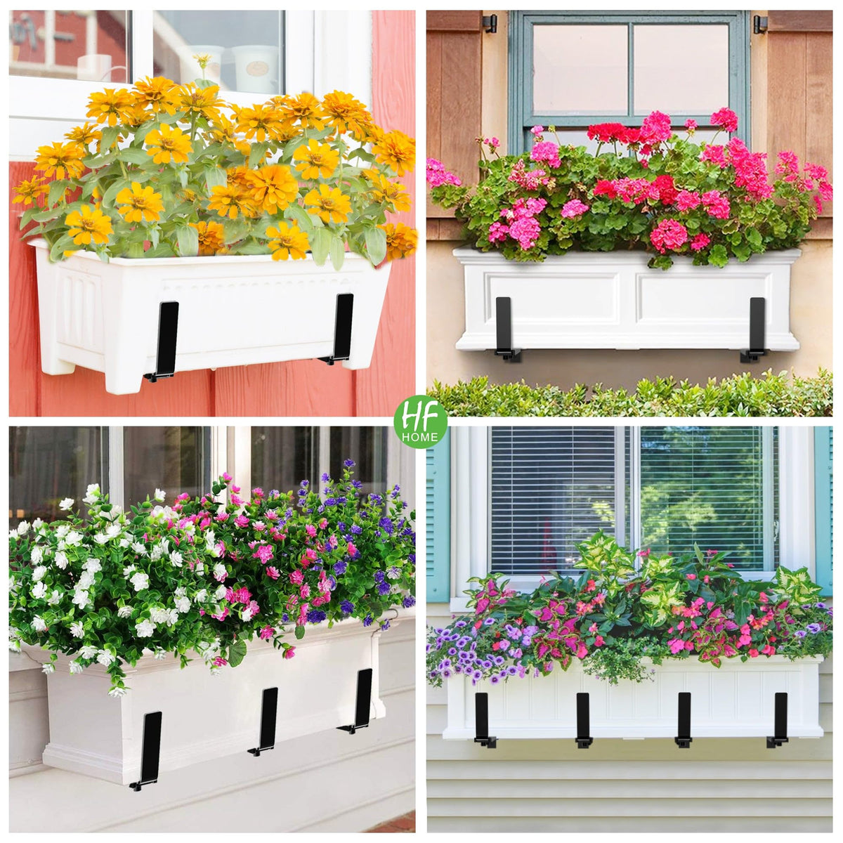 HFHOME heavy duty brackets mounted under a railing for garden planters.