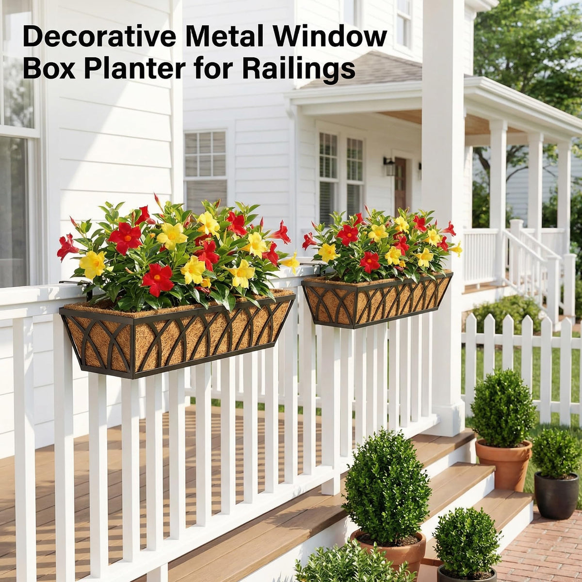HFHOME railing planter with quatrefoil metal frame adds decorative flair.