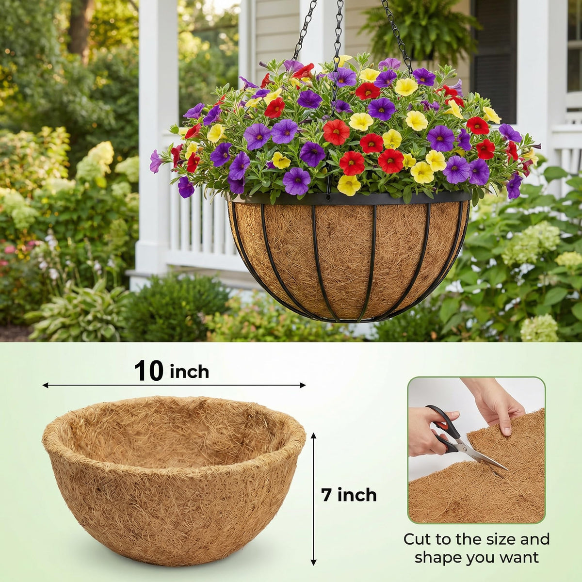 HFHOME round coco liner 10in, inside view, promotes airflow.