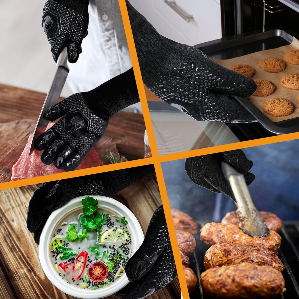 HFLYJPYW gloves blend silicone, aramid fiber, and cotton for durability.