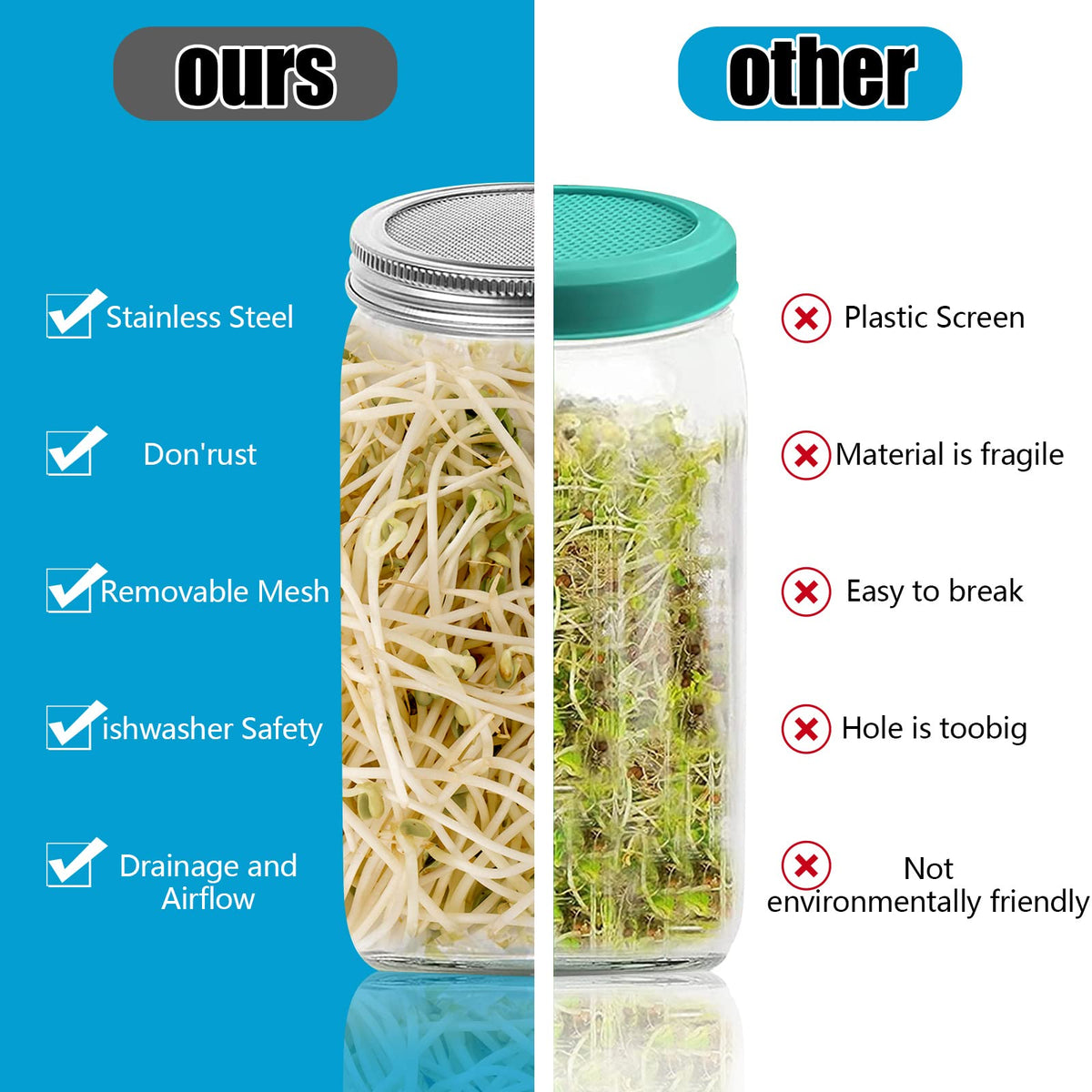 HFXXAD sprouting lid on jar usage showing easy drainage and seed retention
