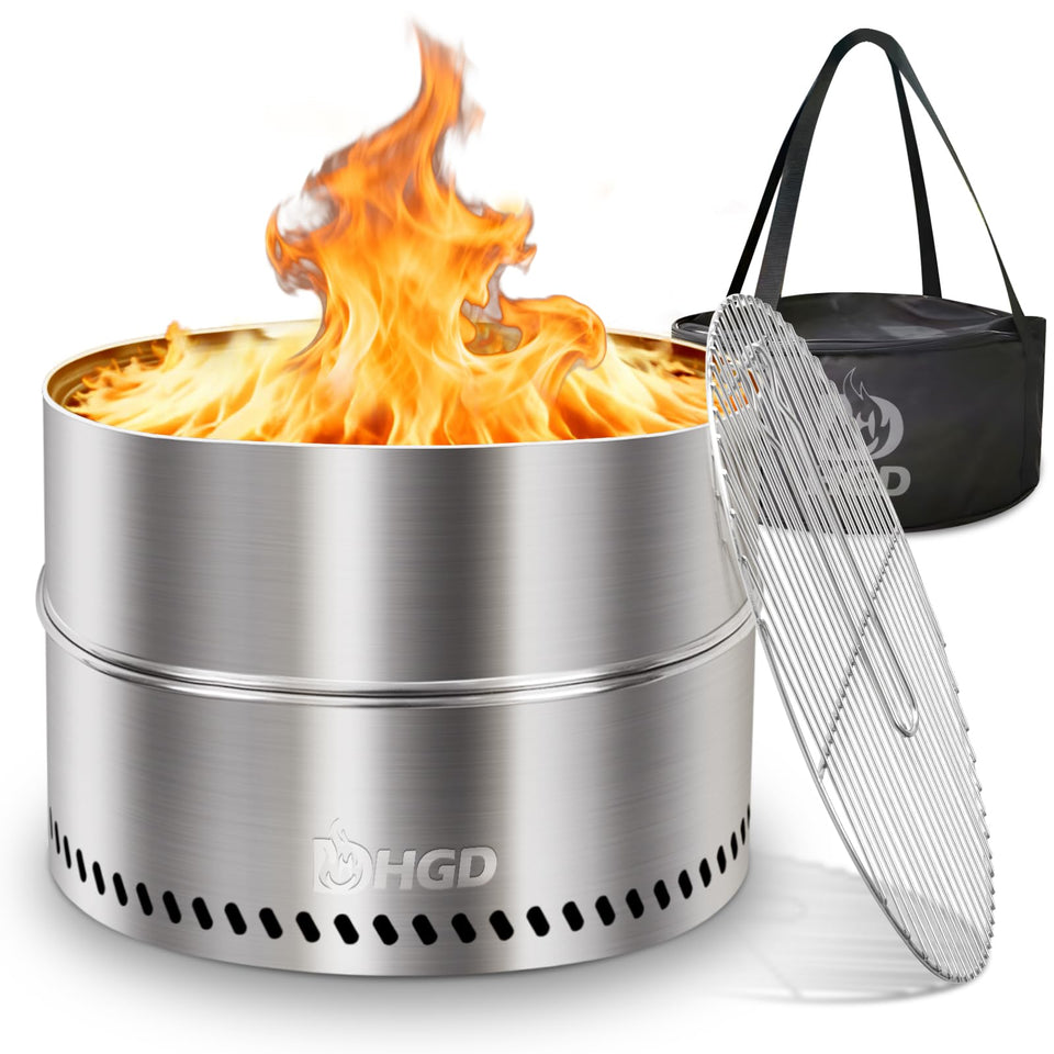HGD 20-inch smokeless firepit camping setup showing clean burn and warm glow
